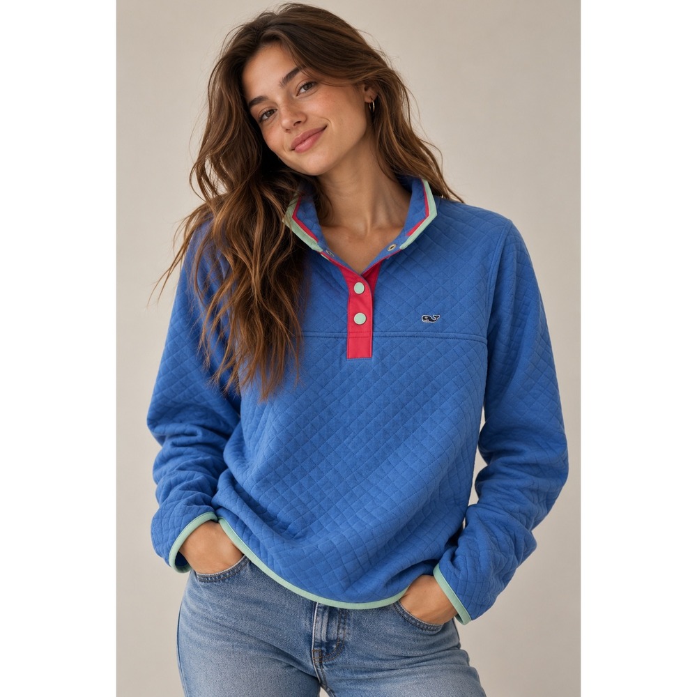 Vineyard Vines Womens Quilted Snap Pullover Blue Pink Trim Mock Neck Medium